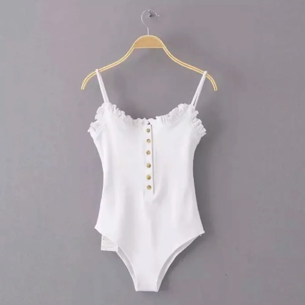 SOLD OUT The Cutest White Ribbed Button Ruffled Bodysuit - Picture 4 of 7